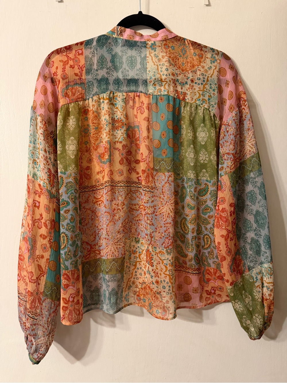 ZARA Sheer Patchwork Women’s Multicolor Shimmer Boho Blouse Sz L - Picture 2 of 11